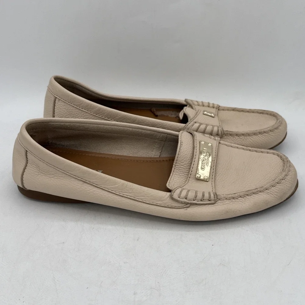 COACH Driving Loafers Fredrica Pebbled Leather Ivory Flats Slip On Womens 8.5B